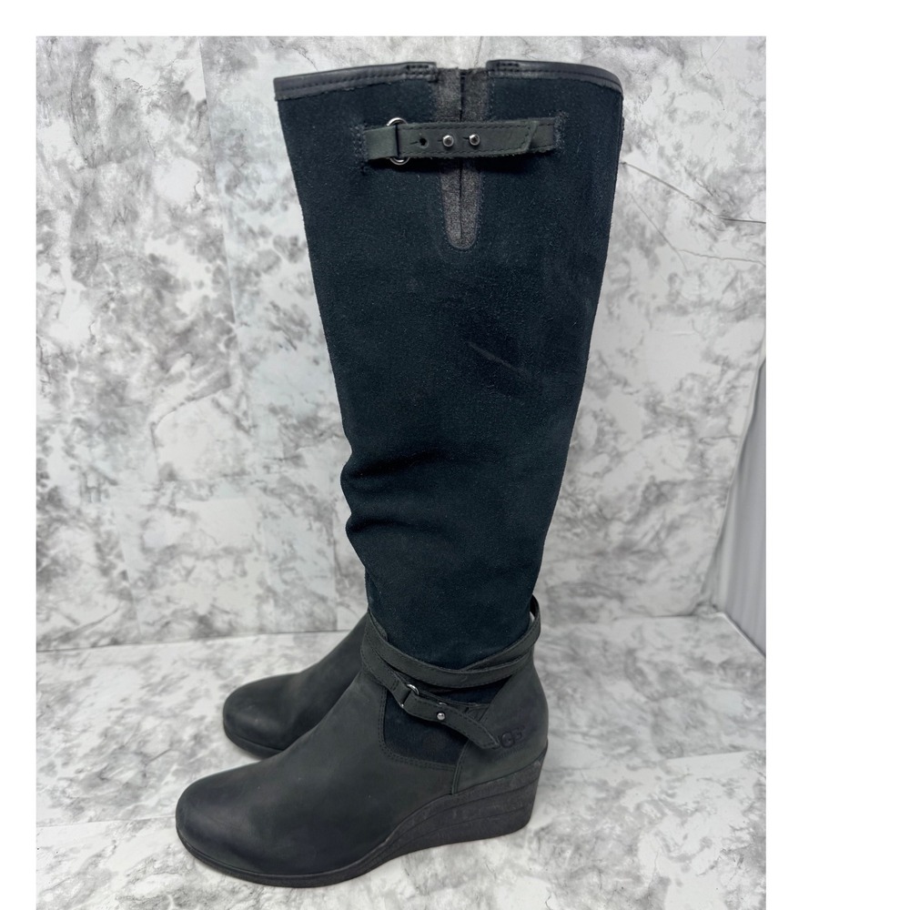 UGG Australia Women Black Leather Suede Waterproof Wedge Tall Boots 1005266 Sz 7